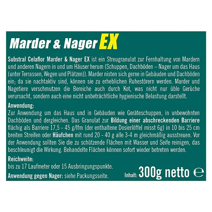 Substral Celaflor Marderschutz EX - Geeignet für: Marder - Bild einer Produktverpackung von Substral Celaflor Marder & Nager EX, einem Granulat zur Fernhaltung von Mardern und Nagern.