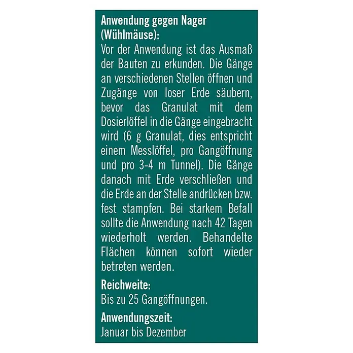 Substral Celaflor Marderschutz EX - Geeignet für: Marder - Anwendungsanleitung für ein Nagerbekämpfungsmittel (Wühlmäuse), mit Hinweisen zur Anwendung, Reichweite und Anwendungszeit.