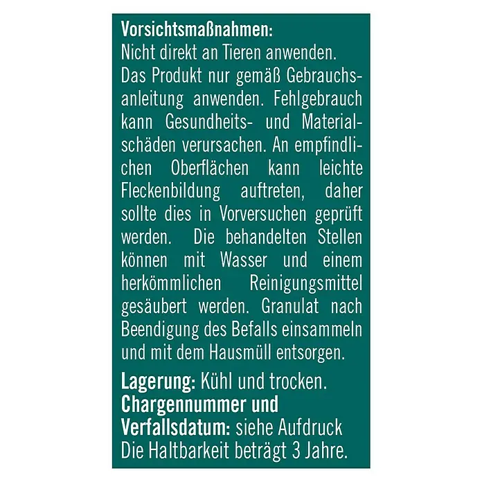 Substral Celaflor Marderschutz EX - Geeignet für: Marder - Vorsichtsmaßnahmen für das Produkt: Nicht an Tieren anwenden, gemäß Anleitung verwenden. Kühl und trocken lagern, Haltbarkeit 3 Jahre.