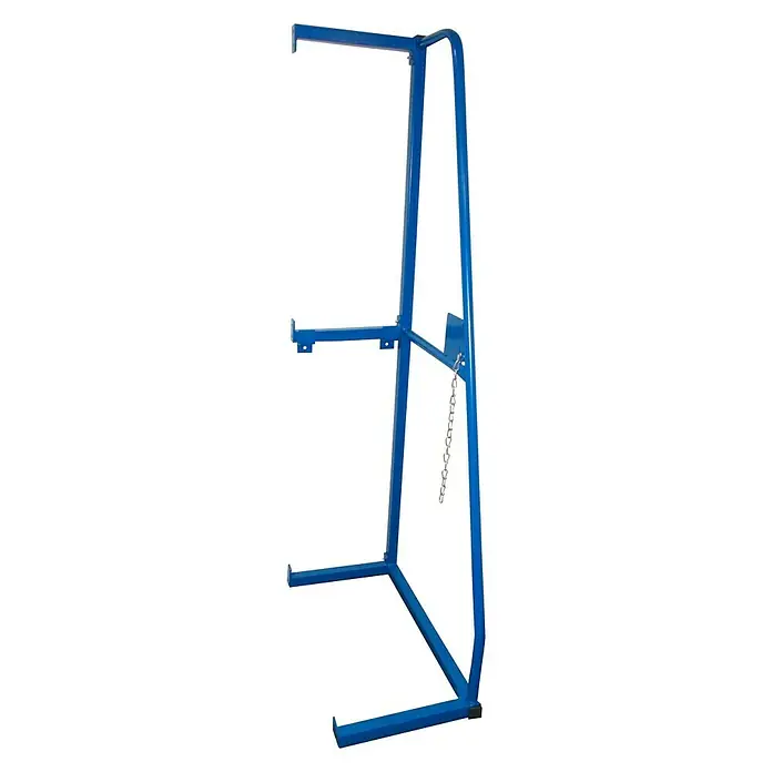 Vertikalregal Anbauelement - H x B x T: 150 x 33 x 60 cm, Blau - Blauer Fasslifter mit Kettenaufhängung für einfaches Anheben und Transportieren von Fässern in industriellen Umgebungen.
