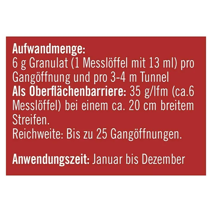 Substral Celaflor Wühlmaus- & Maulwurfschreck EX - Geeignet für: Maulwürfe & Wühlmause - Informationen zur Dosierung von Schädlingsbekämpfungsmittel, einschliesslich Anwendungsmenge, Oberflächenbarriere und Anwendungszeit.