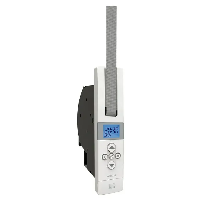 WIR elektronik Rollladen-Gurtwickler Comfort eW825 MaxiUnterputzmontage, Gurtbreite: 17 mm - 23 mm - Das Bild zeigt einen elektronischen Gurtwickler der Marke WIB Elektronik. Er ist weiß und hat ein Display zur Zeitanzeige.