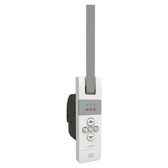 WIR elektronik Funk-Rollladen-Gurtwickler eW830-F-MUnterputzmontage, Gurtbreite: 12 mm - 15 mm - Produktabbildung eines elektronischen Gurtwicklers der Marke WIR elektronik. Der Gurtwickler ist weiß und hat eine graue Bedienelement.