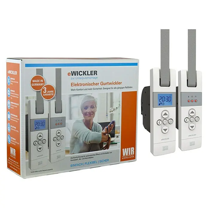 WIR elektronik Funk-Rollladen-Gurtwickler eW830-F-MUnterputzmontage, Gurtbreite: 12 mm - 15 mm - Produktbild des elektronischen Gurtwicklers zur Unterputzmontage mit digitaler Zeitanzeige und Steuerungselementen für mehr Komfort und Sicherheit.
