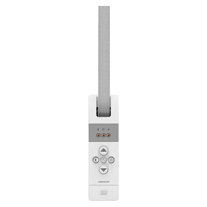 WIR elektronik Funk-Rollladen-Gurtwickler eW830-FUnterputzmontage, Gurtbreite: 17 mm - 23 mm - Nahaufnahme eines e-Wickler Rollladensteuerungssystems in Weiß, das ein modernes Design und benutzerfreundliche Bedienelemente bietet.