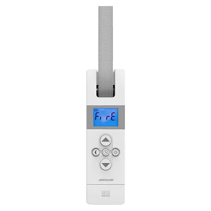 WIR elektronik Funk-Rollladen-Gurtwickler Comfort eW840-F - Unterputzmontage, Gurtbreite: 17 mm - 23 mm - Das Bild zeigt einen elektronischen Gurtwickler mit Display und Bedienelementen. Der eWickler ermöglicht die Steuerung von Rollläden.