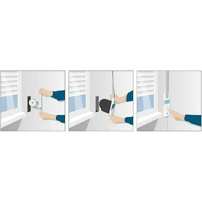WIR elektronik Funk-Rollladen-Gurtwickler eW830-F-MUnterputzmontage, Gurtbreite: 12 mm - 15 mm - Bild von der Installation einer motorisierten Jalousie, mit Fokus auf die Steuerung der Jalousie.
