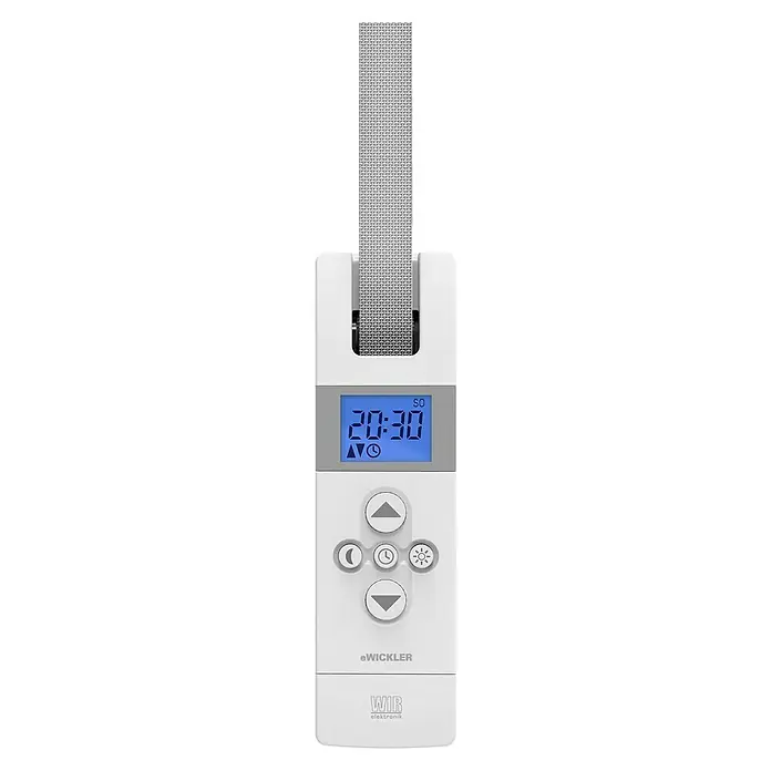 WIR elektronik Funk-Rollladen-Gurtwickler Comfort eW840-F - Unterputzmontage, Gurtbreite: 17 mm - 23 mm - Nahaufnahme eines elektronischen Gurtwicklers mit digitaler Anzeige und Tasten zur Steuerung der Rollladenfunktion. Praktisches Gerät für modernes Wohnen.