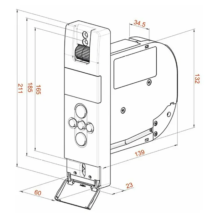 WIR elektronik Rollladen-Gurtwickler eW810-M - Montage: Unterputzmontage, Gurtbreite: 12 mm - 15 mm - Abbildung einer elektronischen Türverriegelung mit verschiedenen Abmessungen, die die Produktmerkmale hervorheben.