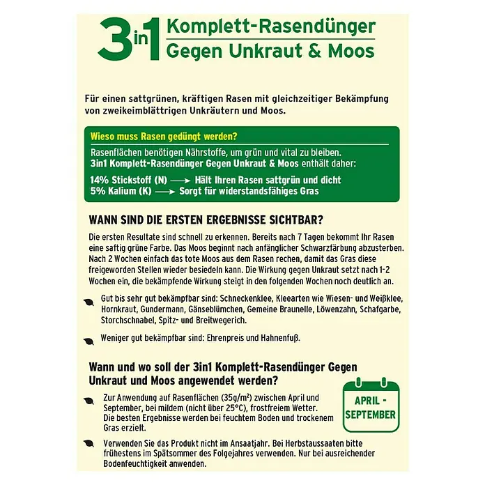 Substral Rasendünger 3 in 1 - 3,6 kg, Max. Anwendungsfläche: 100 m² - Informationen zum 3in1 Komplett-Rasendünger gegen Unkraut und Moos. Anwendung, Ergebnisse und Inhaltsstoffe werden hervorgehoben.