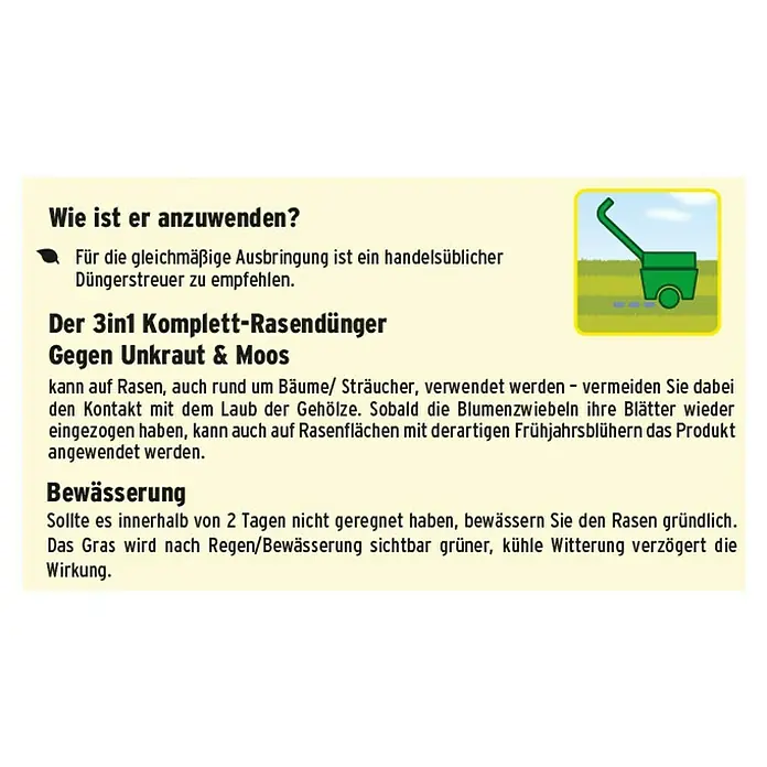 Substral Rasendünger 3 in 1 - 3,6 kg, Max. Anwendungsfläche: 100 m² - Produktinformationen zu einem 3in1 Komplett-Rasendünger gegen Unkraut und Moos mit Anwendungshinweisen und Bewässerungsempfehlungen.