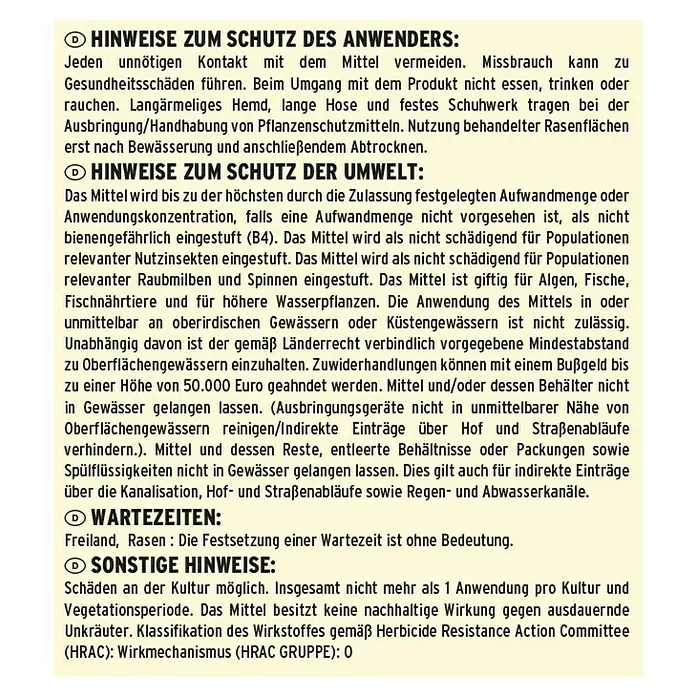 Substral Rasendünger 3 in 1 - 3,6 kg, Max. Anwendungsfläche: 100 m² - Warnhinweise zur Anwendung und Umwelt: Sicherheitsvorkehrungen beachten, um Schäden zu vermeiden.