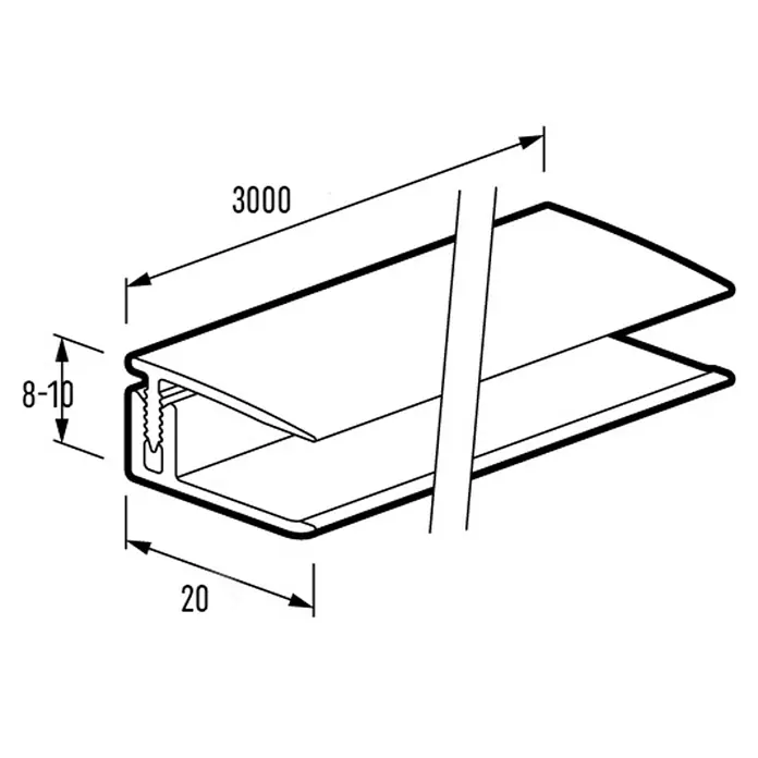 BaukulitVox Basic-Line Abschlussleiste - L x B x H: 3.000 x 20 x 10 mm, PVC - Schemazeichnung eines Aluminiumprofils mit Maßen für verschiedene Anwendungen, ideal für Konstruktion und Design.\n