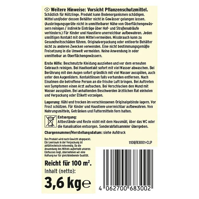 Substral Rasendünger 3 in 1 - 3,6 kg, Max. Anwendungsfläche: 100 m² - Produktinformationen: Warnhinweise, Erste Hilfe Maßnahmen, Lagerhinweise, Entsorgungshinweise und Produktdetails wie Reichweite und Gewicht.