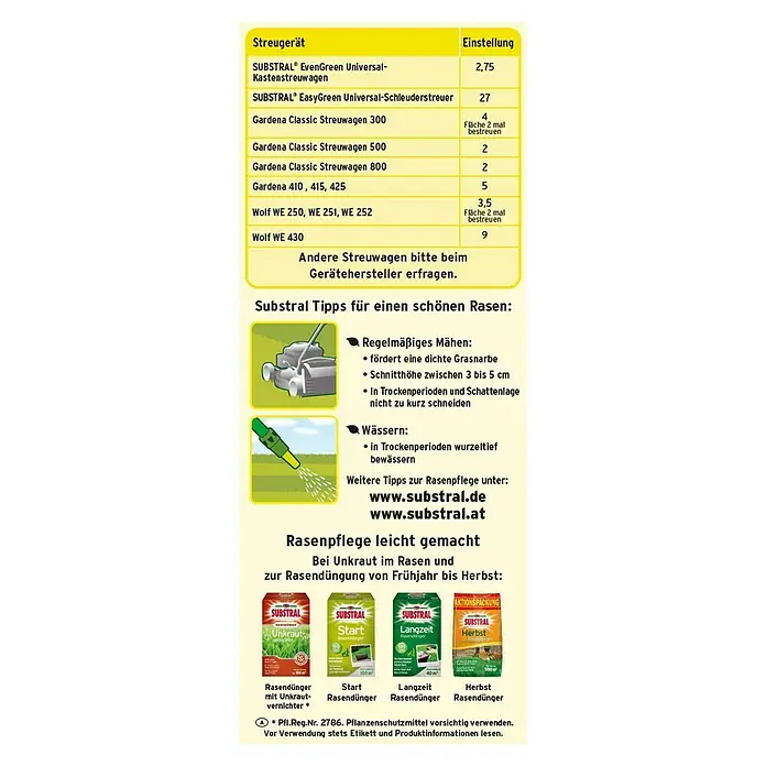 Substral Rasendünger 3 in 1 - 3,6 kg, Max. Anwendungsfläche: 100 m² - Tabelle mit Informationen zu SUBSTRAL-Streuwagen und deren Einstellungen, Tipps für einen schönen Rasen und Rasenpflegeprodukte.