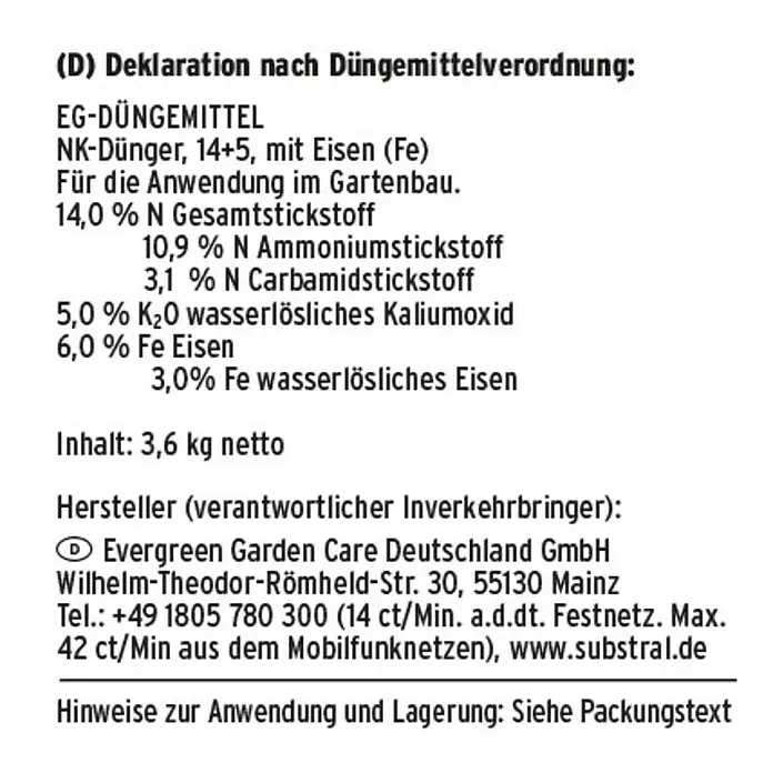 Substral Rasendünger 3 in 1 - 3,6 kg, Max. Anwendungsfläche: 100 m² - Produktinformationen: Angaben zur Zusammensetzung des EG-Düngemittels NK-Dünger 14+5 mit Eisen, Herstellerinformationen und Kontakt.