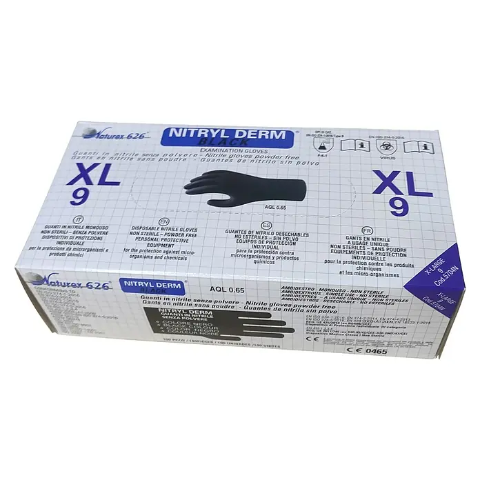 Guantes desechables - XL, Negro, 100 ud. - Paquete de guantes de examen Nitryl Derm Black en XL, sin polvo, para la protección contra microorganismos y productos químicos.