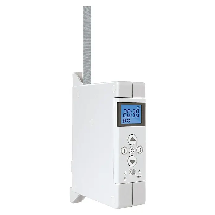 WIR elektronik Rollladen-Gurtwickler Comfort Compact eW520-M - Aufputzmontage, Gurtbreite: 12 mm - 15 mm - Eine Nahaufnahme einer weißen Zeitschaltuhr der Marke Wib Elektronik, die 20:30 Uhr anzeigt und verschiedene Bedienelemente hat.