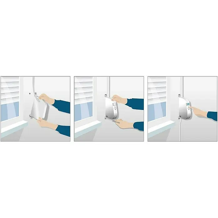 WIR elektronik Funk-Rollladen-Gurtwickler eW930-F-M - Aufputzmontage, Gurtbreite: 12 mm - 15 mm - Illustration einer Person, die eine elektrische Jalousie an einem Fenster installiert und bedient.