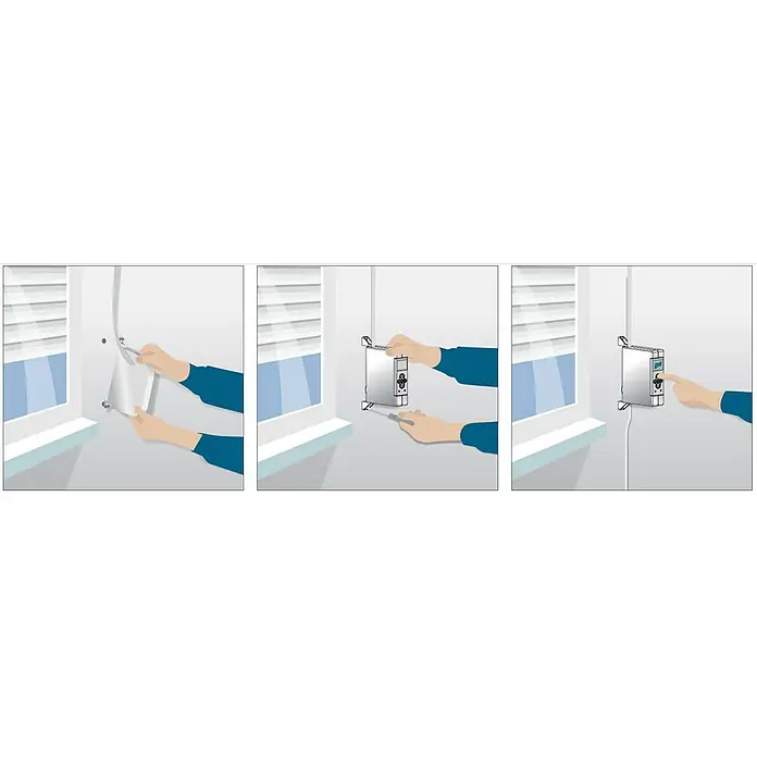 WIR elektronik Rollladen-Gurtwickler Comfort Compact eW520-M - Aufputzmontage, Gurtbreite: 12 mm - 15 mm - Illustration einer Person, die ein Gerät an der Wand befestigt, wobei ein Schraubendreher und andere Werkzeuge verwendet werden.