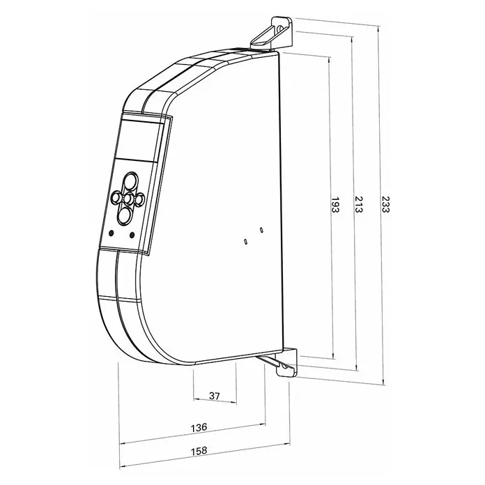 WIR elektronik Funk-Rollladen-Gurtwickler Comfort eW940-F - Aufputzmontage, Gurtbreite: 17 mm - 23 mm - Ansicht einer elektronischen Rollladensteuerung mit den dazugehörigen Maßen in Millimetern. Ideal für Planungszwecke.