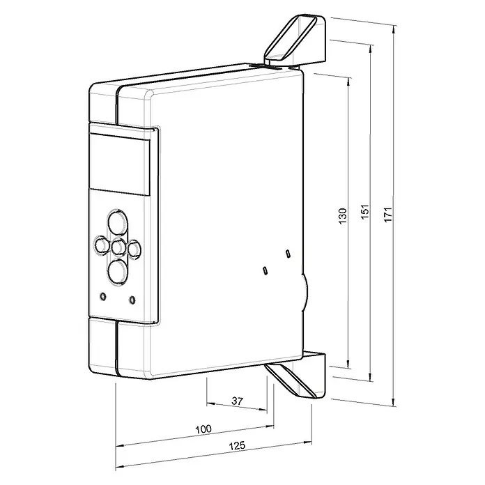 WIR elektronik Rollladen-Gurtwickler Comfort Compact eW520-M - Aufputzmontage, Gurtbreite: 12 mm - 15 mm - Perspektivische Ansicht einer elektronischen Steuerungseinheit mit Maßangaben für Design und Installation.
