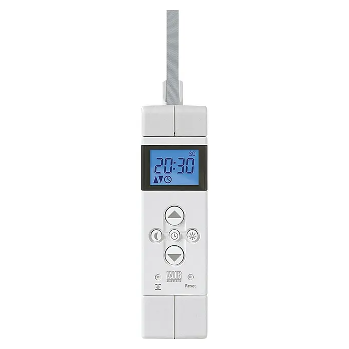 WIR elektronik Rollladen-Gurtwickler Comfort Compact eW520-M - Aufputzmontage, Gurtbreite: 12 mm - 15 mm - Nahaufnahme einer WIR-elektronik Rollladensteuerung mit Display und Tasten für die Bedienung.