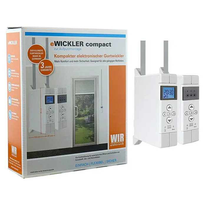 WIR elektronik Rollladen-Gurtwickler Comfort Compact eW520-M - Aufputzmontage, Gurtbreite: 12 mm - 15 mm - Produktaufnahme des eWickler compact, ein kompakter, elektronischer Gurtwickler für mehr Komfort und Sicherheit bei Rollläden.