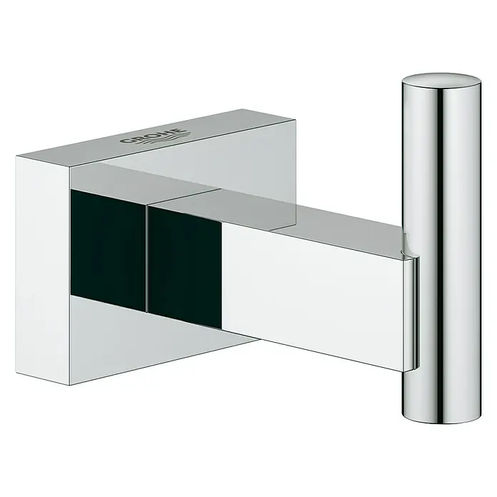 Grohe Essentials Cube Bademantelhaken - Chrom, Glänzend - Detailaufnahme eines verchromten Grohe Essentials Cube Mantelhaken für Badezimmer mit elegantem, modernem Design.
