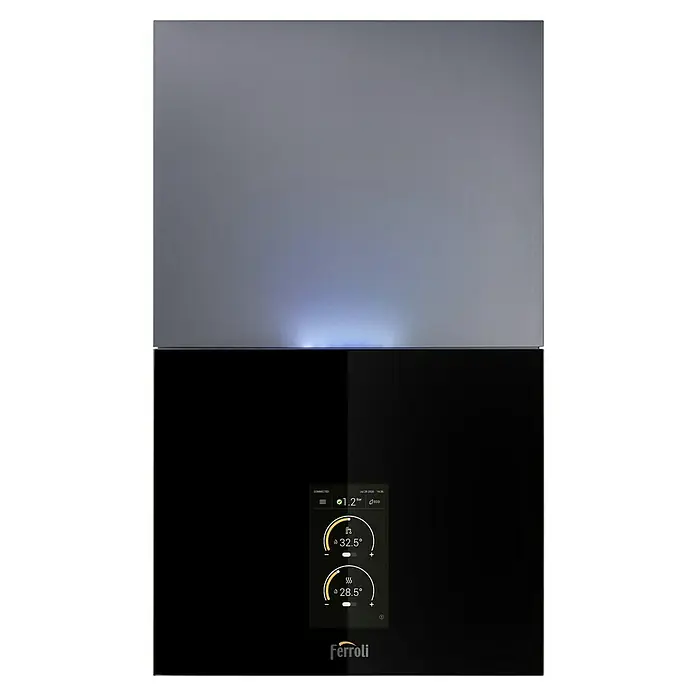 Ferroli Caldera BlueHelix Maxima 28C con instalación incluida - Display multifunción, Capacidad volumétrica: 8 l, 24,5 kW - Vista de producto de un sistema de calefacción Ferroli con pantalla digital para el control de la temperatura. Diseño elegante para espacios modernos.