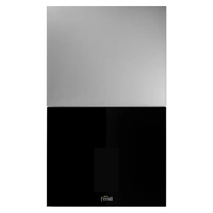 Ferroli Caldera BlueHelix Maxima 28C con instalación incluida - Display multifunción, Capacidad volumétrica: 8 l, 24,5 kW - Imagen de un producto Ferroli, un sistema de calefacción. El producto está diseñado en negro y plata, con una estética moderna.