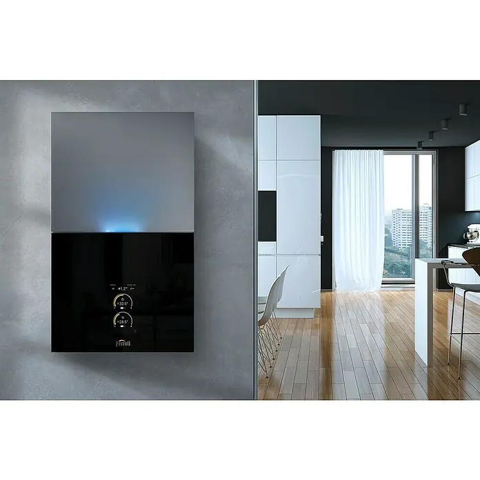 Ferroli Caldera BlueHelix Maxima 28C con instalación incluida - Display multifunción, Capacidad volumétrica: 8 l, 24,5 kW - Primer plano de un moderno sistema de calefacción Ferroli montado en una pared texturizada, combinando diseño elegante con tecnología innovadora.