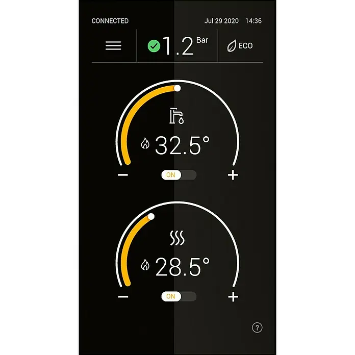Ferroli Caldera BlueHelix Maxima 28C con instalación incluida - Display multifunción, Capacidad volumétrica: 8 l, 24,5 kW - Una pantalla digital que muestra los ajustes de temperatura para agua caliente (32,5°C) y calefacción (28,5°C), ambos encendidos.