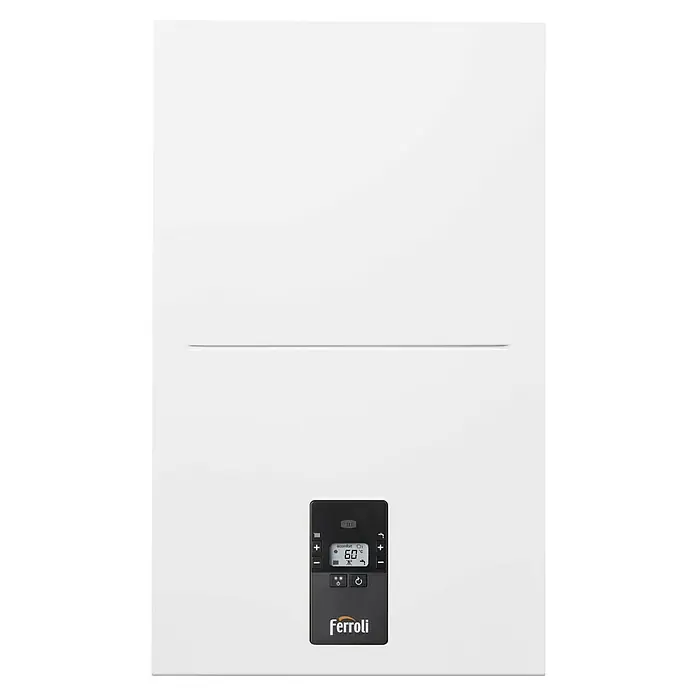 Ferroli Caldera BlueHelix Alpha 24C con instalación incluida - 20,6 kW, 8 l, Display multifunción - Imagen de una caldera Ferroli, una mezcla de tecnología de calefacción moderna con controles fáciles de usar, lo que garantiza una calefacción eficiente.