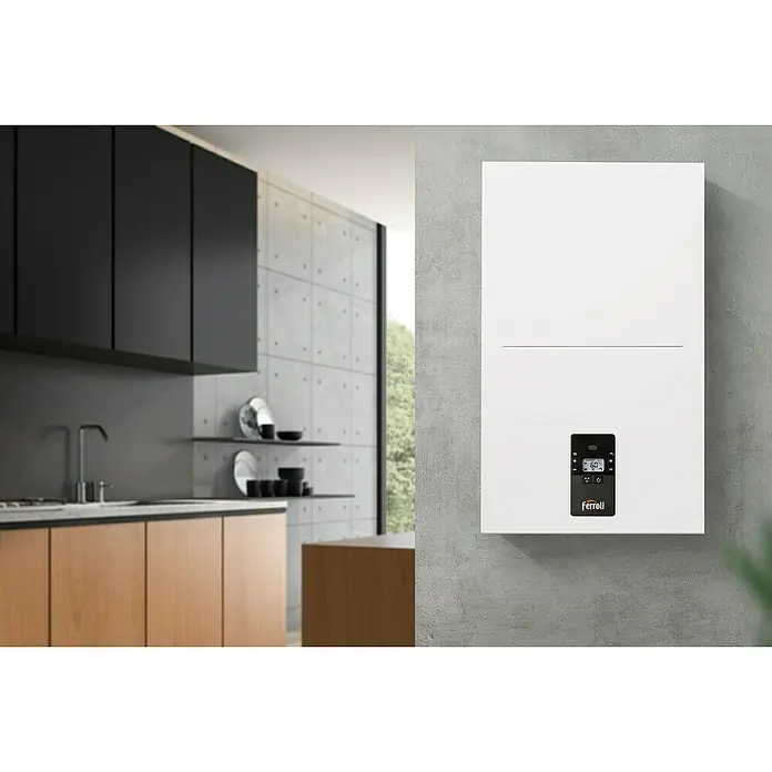 Ferroli Caldera BlueHelix Alpha 24C con instalación incluida - 20,6 kW, 8 l, Display multifunción - Un sistema de calefacción Ferroli montado en una pared gris en un espacio moderno. La unidad tiene una pantalla y botones de control.