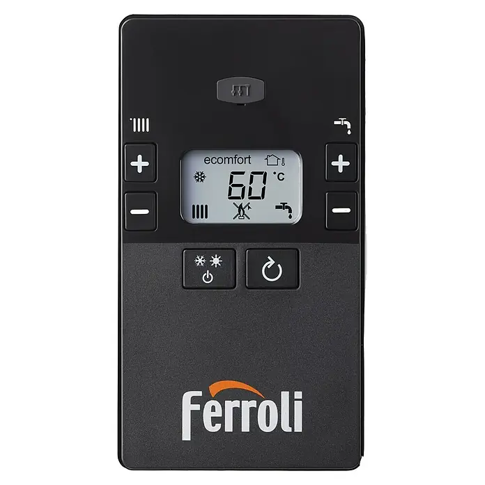 Ferroli Caldera BlueHelix Alpha 24C con instalación incluida - 20,6 kW, 8 l, Display multifunción - Imagen de un controlador de calefacción Ferroli ecomfort negro con pantalla, botones y el logotipo de Ferroli.