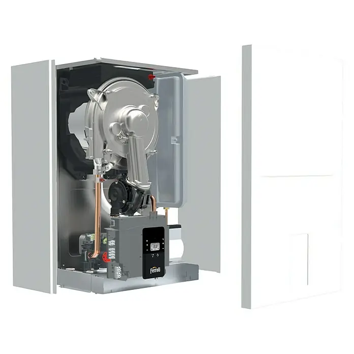 Ferroli Caldera BlueHelix Alpha 24C con instalación incluida - 20,6 kW, 8 l, Display multifunción - Imagen de una caldera Ferroli con el panel frontal retirado, mostrando los componentes internos.