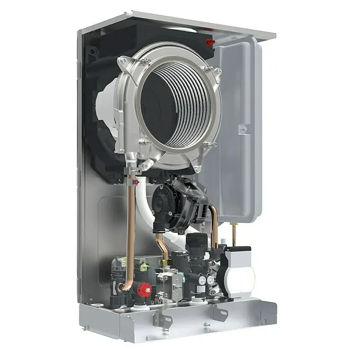 Ferroli Caldera BlueHelix Alpha 24C con instalación incluida - 20,6 kW, 8 l, Display multifunción - Presentación de una caldera de calefacción que muestra su intercambiador de calor, bomba y tecnología de control para sistemas eficientes.