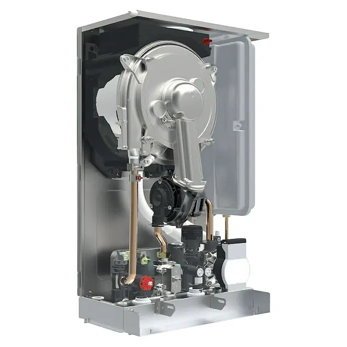 Ferroli Caldera BlueHelix Alpha 24C con instalación incluida - 20,6 kW, 8 l, Display multifunción - Vista interna de una caldera moderna con varias tuberías, válvulas y un ventilador. El sistema tiene un diseño compacto y eficiente.