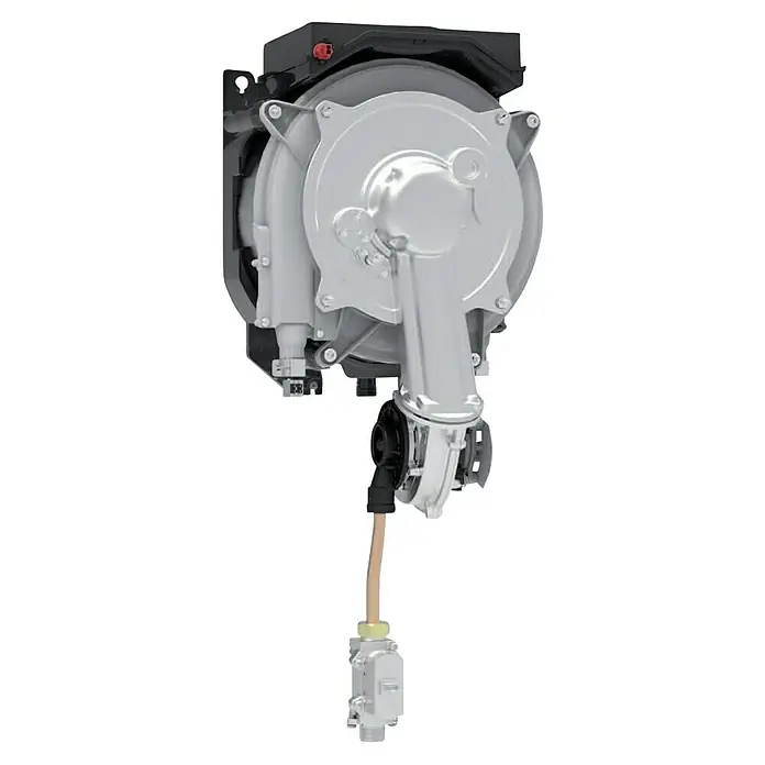 Ferroli Caldera BlueHelix Alpha 24C con instalación incluida - 20,6 kW, 8 l, Display multifunción - Primer plano de un carrete de cable automático en plata y negro con un cable beige que se extiende desde el dispositivo para el acceso a la energía.