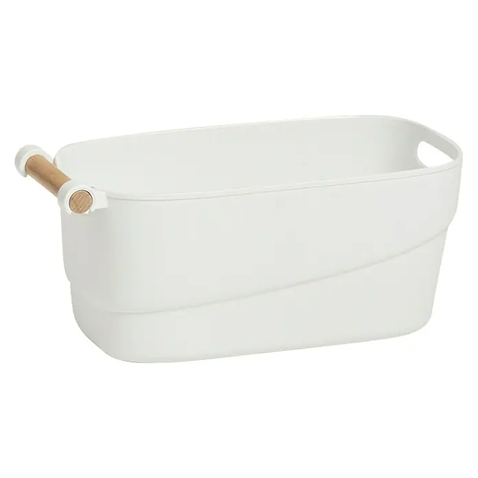 Zeller Present Cesta para el baño S - L x An x Al: 27 x 12 x 14,5 cm, Plástico, Blanco - En la imagen, una cesta de almacenamiento blanca con asas de madera, que ofrece un almacenamiento elegante y práctico.