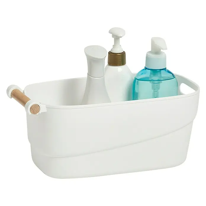 Zeller Present Cesta para el baño S - L x An x Al: 27 x 12 x 14,5 cm, Plástico, Blanco - Caja de almacenamiento blanca con asas de madera, llena de tres botellas diferentes. Perfecto para artículos de baño u otros objetos pequeños.