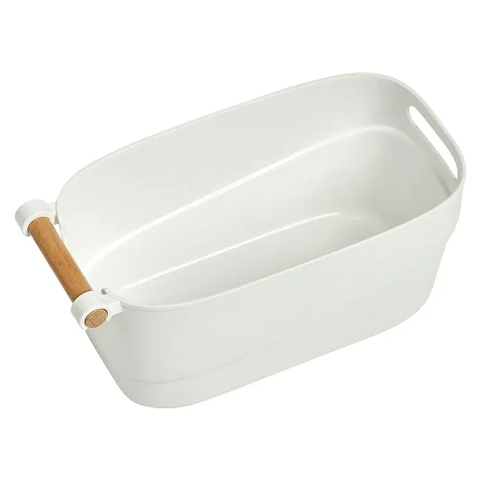 Zeller Present Cesta para el baño S - L x An x Al: 27 x 12 x 14,5 cm, Plástico, Blanco - Cesta de almacenamiento blanca con asas de madera para una organización elegante y un almacenamiento práctico.
