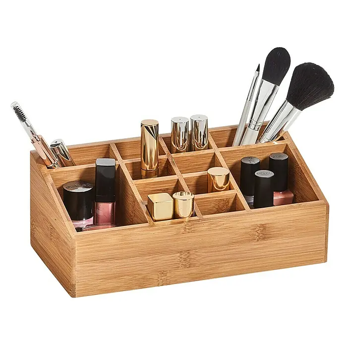 Zeller Present Organizador Bamboo - Número de compartimentos: 12 ud., Bambú - Organizador de cosméticos de bambú con múltiples compartimentos para guardar brochas de maquillaje y productos cosméticos.