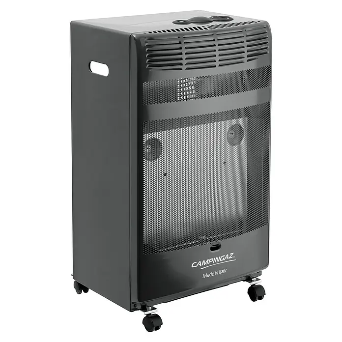 Campingaz Estufa de gas de llama azul BF5000 Plus - 4,1 kW, Antracita - La imagen muestra una estufa de gas Campingaz portátil de color oscuro, adecuada para interiores y equipada con ruedas.