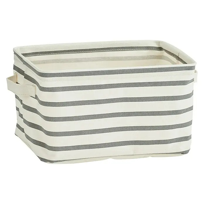 Zeller Present Cesta para baño Stripes - 28 x 21 x 16 cm, Beige/Gris, Canvas - Cesta de almacenamiento de tela a rayas con asas, ideal para organizar objetos por la casa. Práctica y decorativa.