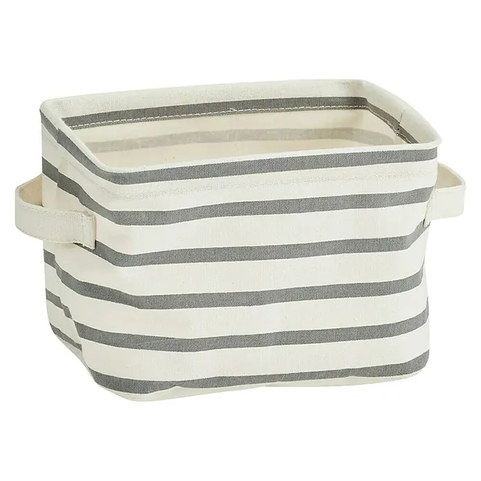 Zeller Present Cesta para baño Stripes - 21 x 17 x 14 cm, Beige/Gris, Canvas - Imagen de un cesto de almacenamiento cuadrado con rayas grises y blancas y asas. Ideal para organizar espacios habitables.