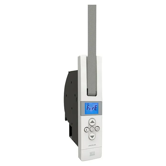 WIR elektronik Funk-Rollladen-Gurtwickler Comfort eW845-F Maxi - Unterputzmontage, Gurtbreite: 17 mm - 23 mm - Nahaufnahme eines WIB eWickler Gurtwickler Automaten mit digitaler Anzeige und Steuerungselementen.