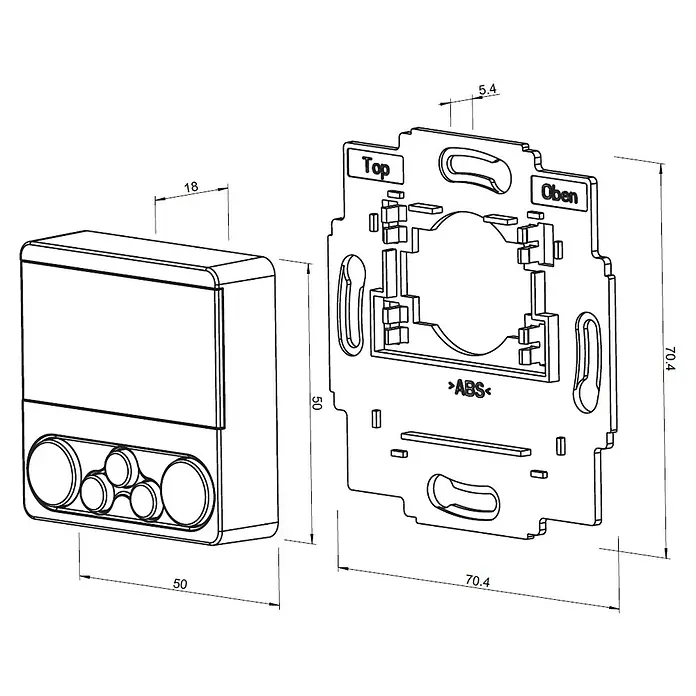 WIR elektronik Funksender Zeitschaltuhr eUHR eU140 - L x B x H: 50 x 50 x 15 mm, Reinweiß - Eine technische Zeichnung mit Maßen eines Schalters und einer Montageplatte, die die Abmessungen der einzelnen Teile zeigt.