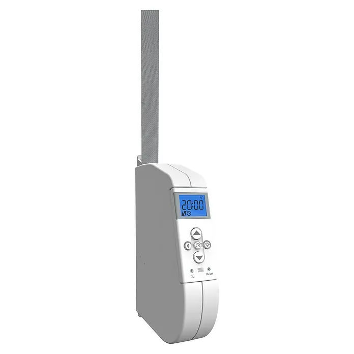 WIR elektronik Funk-Rollladen-Gurtwickler Comfort eW940-F-M - Aufputzmontage, Gurtbreite: 12 mm - 15 mm - Eine Nahaufnahme eines weißen Geräts mit einem digitalen Bildschirm, der "20:00" anzeigt, zusammen mit verschiedenen Tasten und einer langen, grauen Antenne.